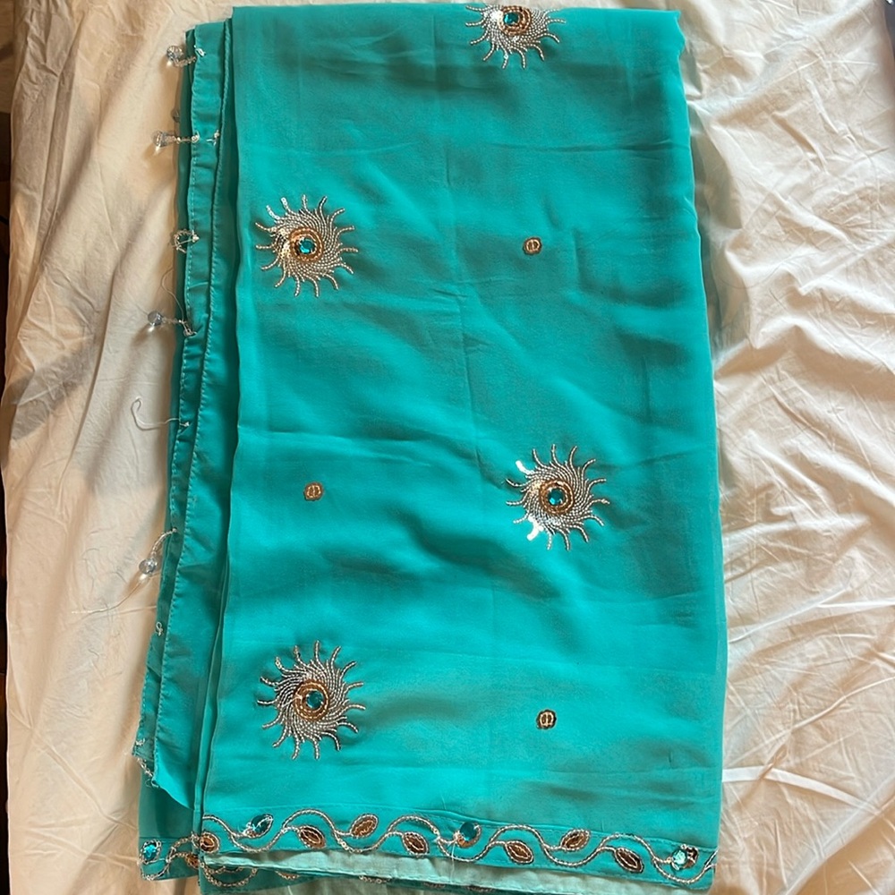 Teal Sari With Sequin Work - image 1